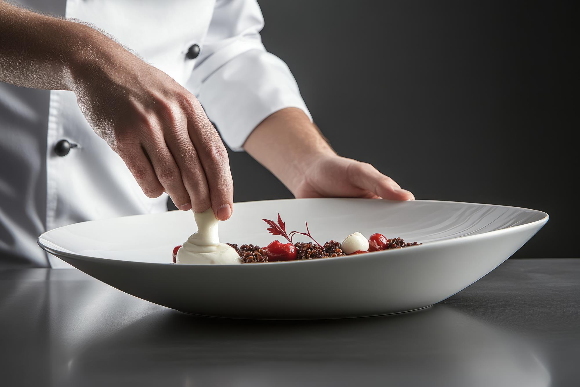 Chef plating a modern tasting dish on a white plate